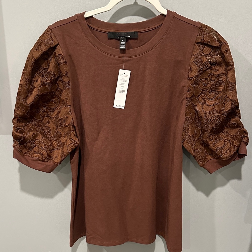 White House Black Market Brown Lace Puff Sleeve Top